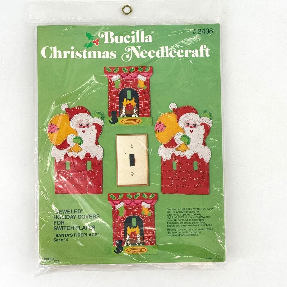 Vtg Bucilla 3408 Santa Fireplace Jeweled Christmas Switch Plate Covers Felt Kit